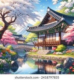 Anime artistic image of korea, hanok, pond, flower, tree, light, spring