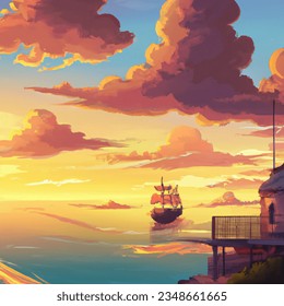 Anime artistic image of pirate landscape with sunset on the ocean 