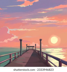 Anime artistic image of sunset pier ocean