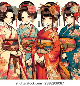 Anime artistic image of women in traditional japanese outfit 