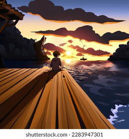 Anime artistic image of a young boy sits on the edge of a pier, his feet dangling over the water below. he gazes out at the sunset, lost in thought, as the waves gently lap against the wooden planks beneath him.