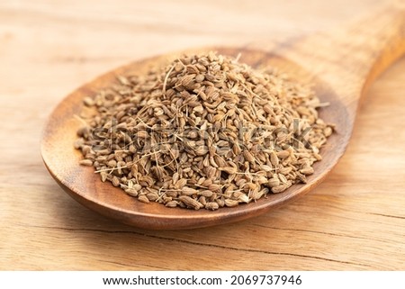 Anise spice seeds in wooden spoon on wooden table. Close up