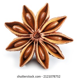 Anise star and aniseeds, spice with strong taste used in cooking, isolated on white background.