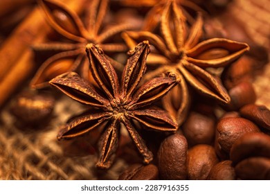  anise star and coffee beans  close up, spices, brown colours
