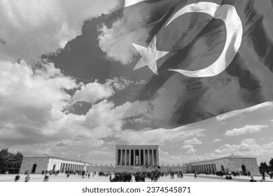 Anitkabir and Turkish flag in black and white photo. 10 kasim or 10th november memorial day of Ataturk background photo.