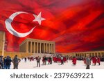 Anitkabir and waving Turkish Flag on the sky. 10 Kasim or 10th november Memorial day of Ataturk concept photo.