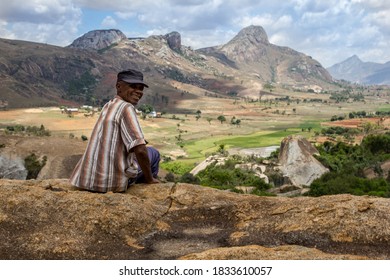 Anju Community Reserve, Ambalavao District, Madagascar - 12 02 2020:  An Old Man Sitting On The Rock In Anja National Park