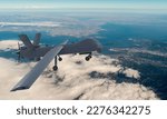 ANKA produced by TAI High-Altitude Long-Endurance, Unmanned Combat Aerial Vehicle. ANKA-S unmanned aerial vehicle gliding through the clouds.