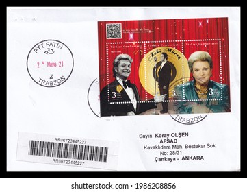 Ankara, Türkiye - 06.06.2021: A Stamp Printed In Türkiye.Block Of Stamp Printed In Memory Of Zeki Müren Posted With A First Day Stamp. Circa 2021