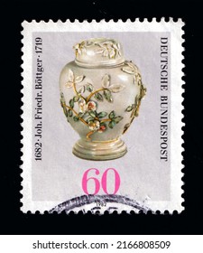 Ankara, Türkiye 06.13.2022: Postage Stamps Printed In Germany. Shows Pear-shaped Pot With Lid, Johann Friedrich Bottger (1682-1719), Originator Of Dresden China, 300th Birth Anniversary, Circa 1982