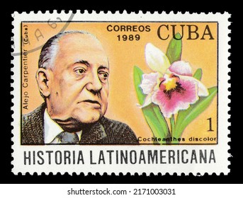 Ankara, Türkiye - 06,24,2022: A Cuba postage stamp shows portraitAlejo Carpentier, circa 1989