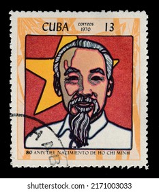Ankara, Türkiye - 06,24,2022: A Cuba postage stamp shows portrait of Ho Chi Minh, circa 1970