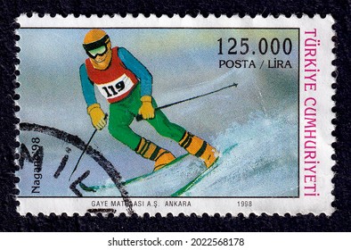 Ankara, Türkiye - 08.10.2021: A Stamp Printed In Türkiye. The Nagano Winter Olympics. Circa 1998.