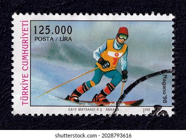 Ankara, Türkiye - 08.21.2021: A Stamp Printed In Türkiye. The Nagano Winter Olympics. Circa 1998.