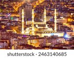 Ankara Kocatepe Mosque at night, Cankaya, Turkey. One of the largest mosques in Ankara, statesmen and politicians pray here during religious holidays. Ramadan, Kandil, Sacrifice, Night of Power, Miraj