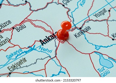 Ankara location on map with red thumbtack, travel idea, Turkey and Ankara on map with a red fastener, vacation and road trip concept, capital, top view