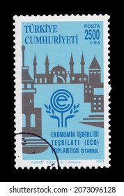 Ankara, Türkiye -Now.11.2021:  A Stamp Printed In Turkey. Economic Cooperation Organization Meeting. Istanbul. Circa 1993