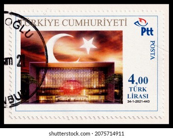 Ankara, Türkiye -Now.16.2021:  A Stamp Printed In Turkey.  Shows Atatürk Cultural Center, Taksim İstanbul . Circa 2021