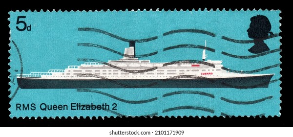 Ankara, Turkey - 01,05,2022: An England Postage Stamp Shows Passanger Liner RMS Queen Elizabeth 2 Ship. Circa 1969