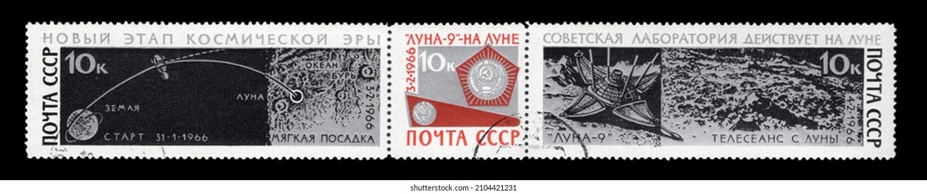 Ankara, Turkey - 01,11,2022: An USSR Postage Souvenir Sheet Shows Space Exploration With 3 Stamps. Circa 1966