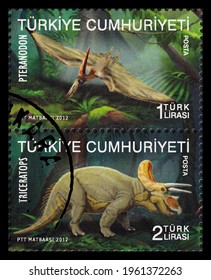 Ankara, Turkey- 04.20.2021: A Stamp Printed In Turkey.Stamps On World Environment Day (Dinosaurs). Circa 2012. 