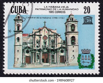 Ankara, Turkey- 06.12.2021:  Postage stamp printed in Cuba shows Havana Cathedral, UNESCO World Heritage - Old Havana serie, circa 1985