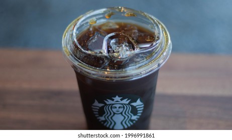 Ankara, Çankaya - Turkey - 06.24.2021: A cold brew coffee with the Starbucks logo on it, isolated cold brew, cold coffee on table, fresh cold brew