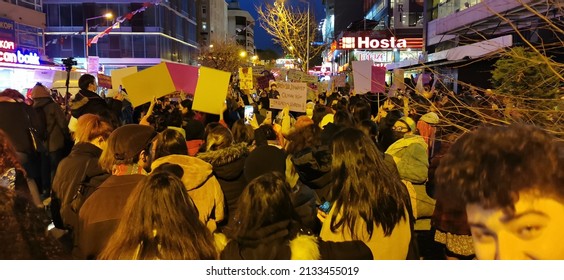 ANKARA, TURKEY - 08 MARCH 2022 : International women's day protest in Ankara.  Articles about women's rights were written on the banners.