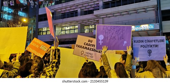 ANKARA, TURKEY - 08 MARCH 2022 : International women's day protest in Ankara.  Articles about women's rights were written on the banners.