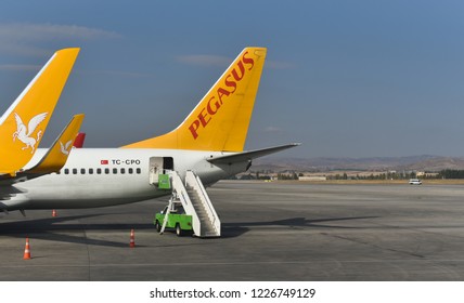 Ankara / Turkey - 10.10.18: airplanes of Pegasus Airlines flypgs on airport