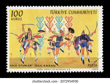 Ankara, Turkey - 11,11,2021: A Republic Of Turkey Postage Stamp Shows Scene Of Turkish Traditional Folckloric Dance. Circa 1969