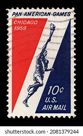 Ankara, Turkey - 11,26,2021: An USA Postage Stamp Shows Pan American Games With Athlete. Circa 1959