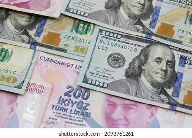 Ankara  Turkey  - 12.20.2021: Turkish Lira And American Dollars. Financial Crisis, Inflation,  Devaluation And Exchange Rates Themed Banknotes Close-up. USD And TRY Together. 