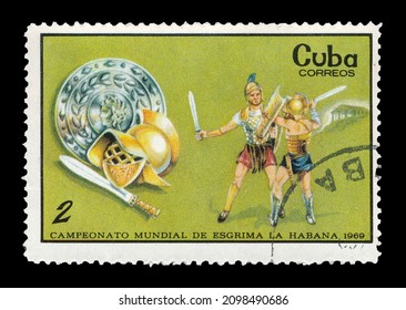 Ankara, Turkey - 12,30,2021: A Cuba Postage Stamp Shows Ancient Time War Scene. Circa 1969