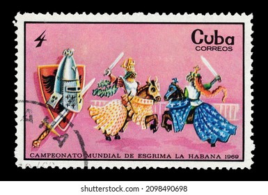 Ankara, Turkey - 12,30,2021: A Cuba Postage Stamp Shows Ancient Time War Scene. Circa 1969