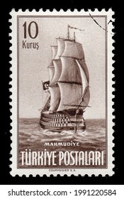Ankara, Turkey - 15 June 2021: A Republic Of Turkey Postage Stamp Shows Ship