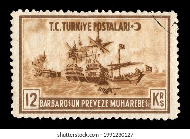 Ankara, Turkey - 15 June 2021: A Republic Of Turkey Postage Stamp Shows Ship At The Preveze Sea War Victory Of Ottoman Empire Period. Circa 1941...