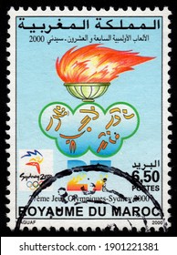 Ankara, Turkey - 24 January 2021: A Morocco Stamp Shows Sydney 2000 Olympic Games. Circa 2000. Canceled By Seal