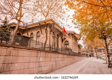 Ankara / Turkey / 24.01 2020: Ankara Old Parliament Building, Ulus Atatürk Statue And Old Hamamönü Houses