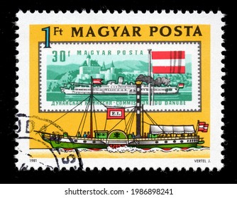 Ankara, Turkey - 7 June 2021: A Hungary Postage Stamp Shows  Paddlesteamer 