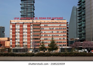 Ankara, Turkey - April 18, 2022: Ufuk University Dr. Ridvan Ege Hospital, A Modern Hospital With Advanced Treatment Of Patients, Inpatient Treatment And Intensive Care Services.