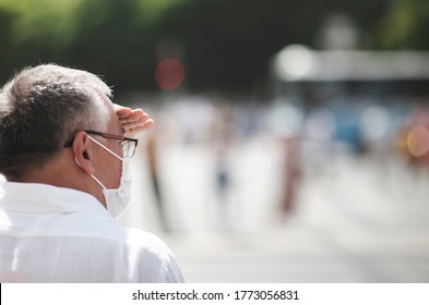 Ankara, Turkey: July 09, 2020: An Older Man Is Waiting A Bus During Hot Summer Times, He Is In A Risk Group For The Pandemic.