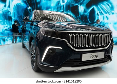 Ankara, Turkey - March 31: TOGG car at Ankara ECO Climate Summit as a green car. Turkey's Automobile Enterprise Group, or TOGG for short, is a Turkey-based automobile manufacturer company.