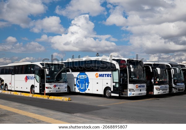 Ankara, Turkey - October 2021: Buses in ASTI\
bus terminal (otogar) in Ankara city.  Long distance bus is the\
main form of transportation in\
Turkey.