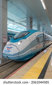 Ankara, Turkey - September 2021: YHT Fast Train, High Speed Train At Platform In Anakra Station. YHT Is The Only High-speed Rail Service In Turkey