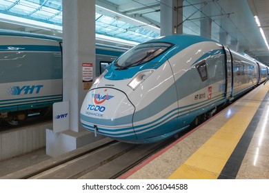 Ankara, Turkey - September 2021: YHT Fast Train, High Speed Train At Platform In Anakra Station. YHT Is The Only High-speed Rail Service In Turkey