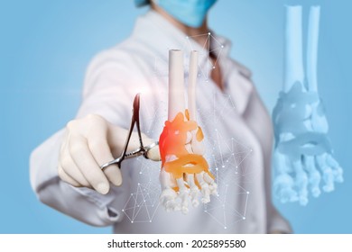 Ankle Surgery Concept. Doctor With A Medical Instrument Manipulating In Front Of The Ankle.