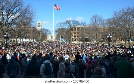 ANN ARBOR, MI - APRIL 5: View of the crowd from the stage at the 43rd annual Hash Bash rally in Ann Arbor, MI April 5 2014.