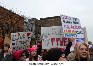 ANN ARBOR, MI - JAN 21:  Protesters rally before the Women's March in Ann Arbor on January 21, 2017. 