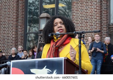 ANN ARBOR, MI - JAN 21:  Detroit poet and activist Michelle Elizabeth Brown addresses the Women'??s March in Ann Arbor on January 21, 2017. 